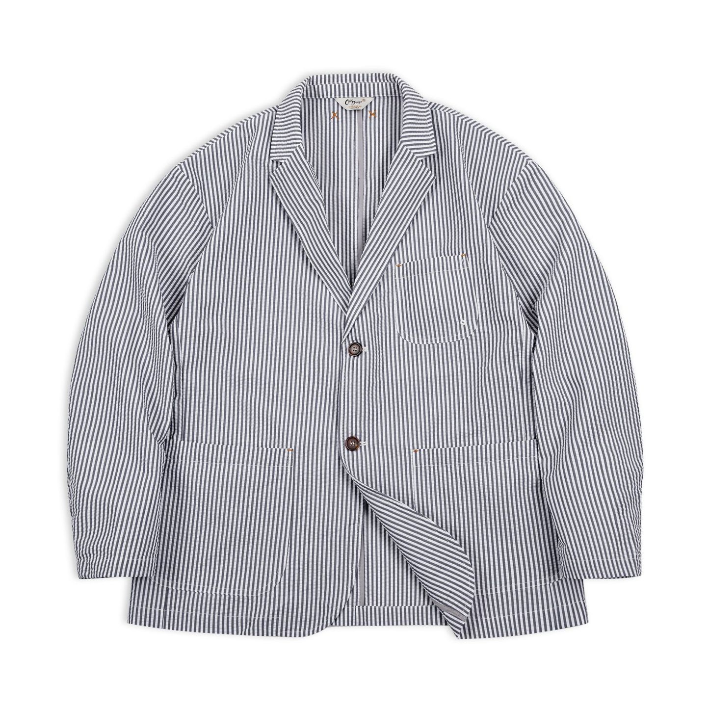 泡泡紗條紋西裝外套平駁領寬鬆帥氣休閒時尚潮流西服男-Retro's Wear