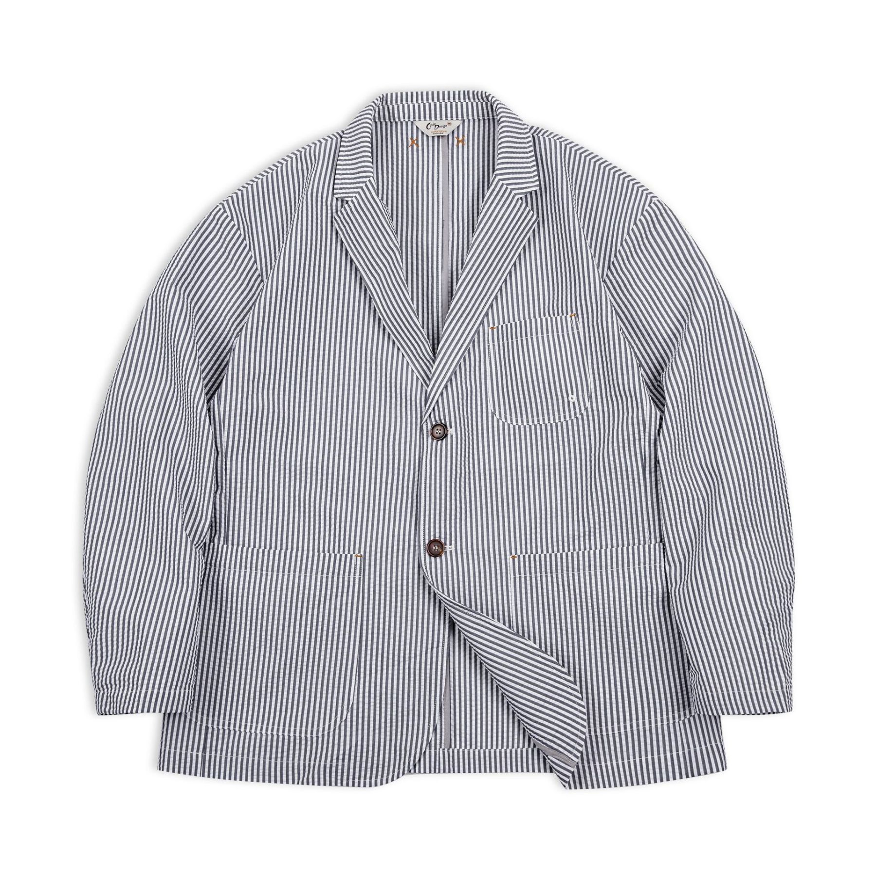 泡泡紗條紋西裝外套平駁領寬鬆帥氣休閒時尚潮流西服男-Retro's Wear