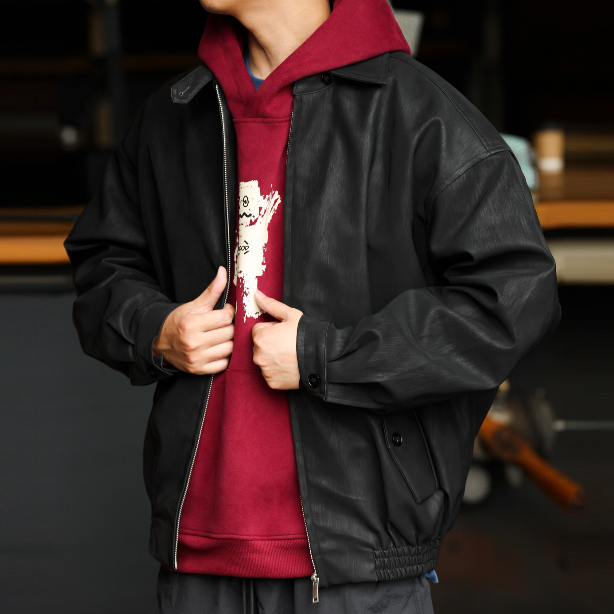 美式復古哈靈頓皮衣夾克男PU樹皮紋痞帥外搭翻領外套