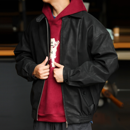 美式復古哈靈頓皮衣夾克男PU樹皮紋痞帥外搭翻領外套