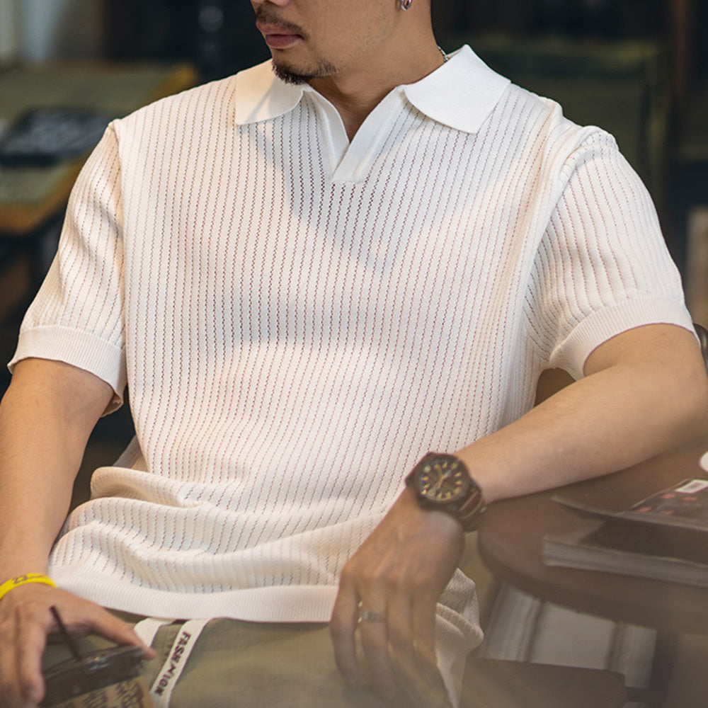 美式V領冰絲Polo衫短袖男2025新款寬鬆針織衫T恤夏季純色翻領上衣