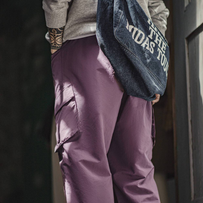 輕美式山系速幹休閒褲大口袋透氣薄款紫色長褲子男夏秋