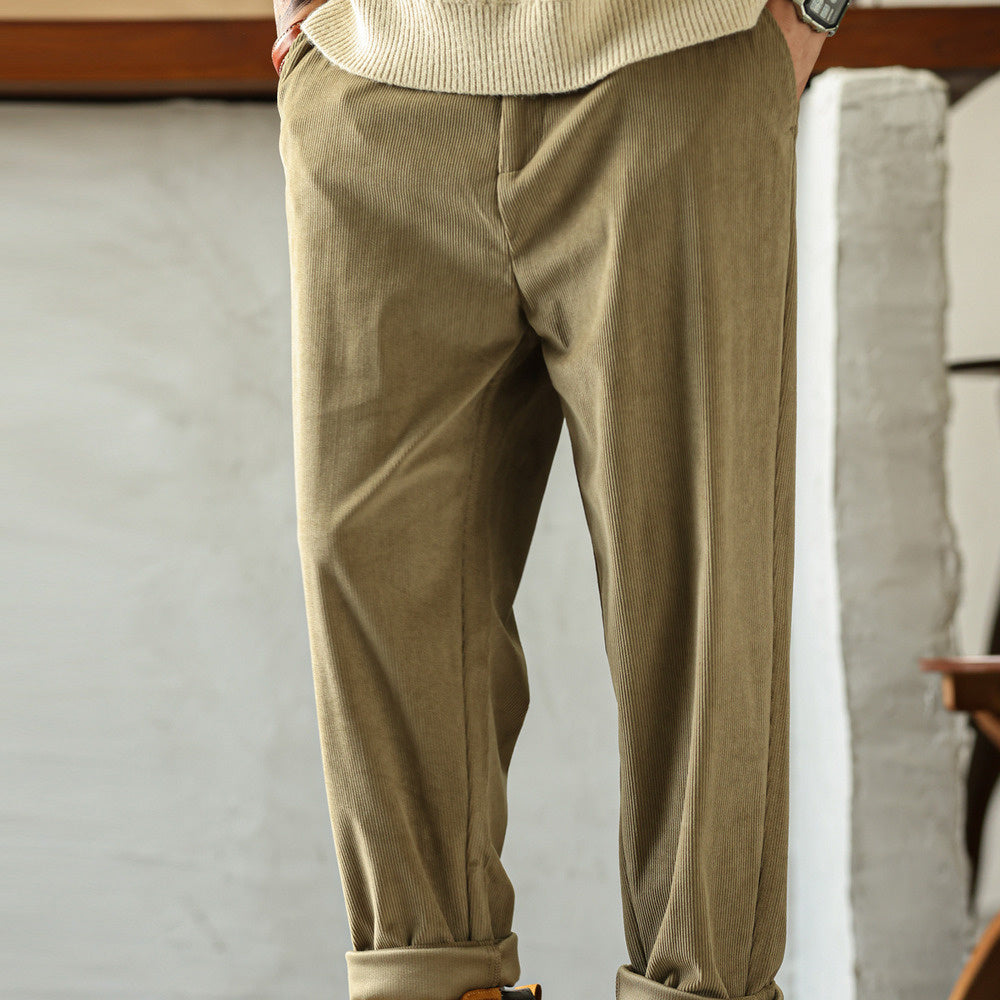 美式重磅燈芯絨休閒褲男寬鬆加絨百搭卡其色小錐形長褲秋冬-Retro's Wear