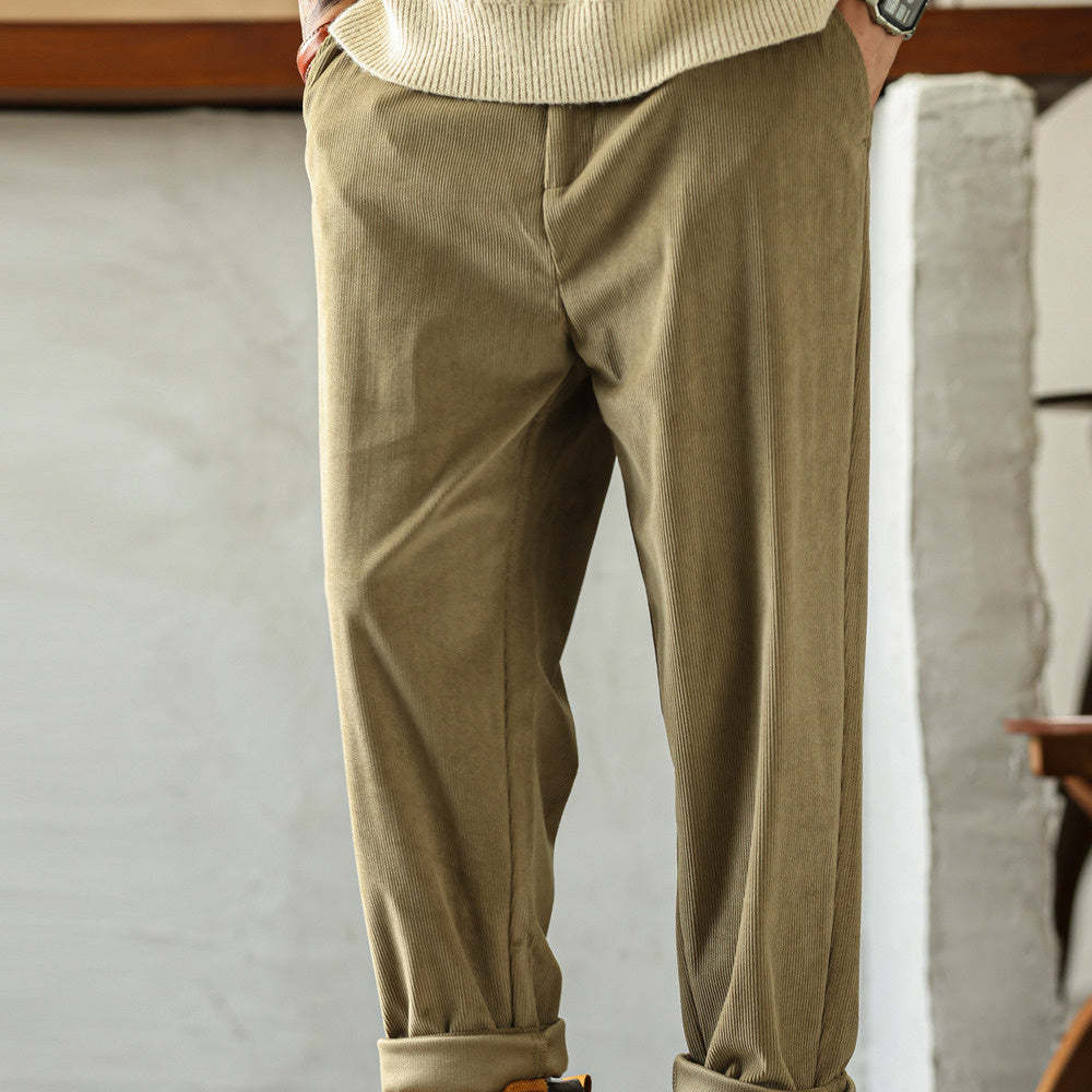 美式重磅燈芯絨休閒褲男寬鬆加絨百搭卡其色小錐形長褲秋冬-Retro's Wear