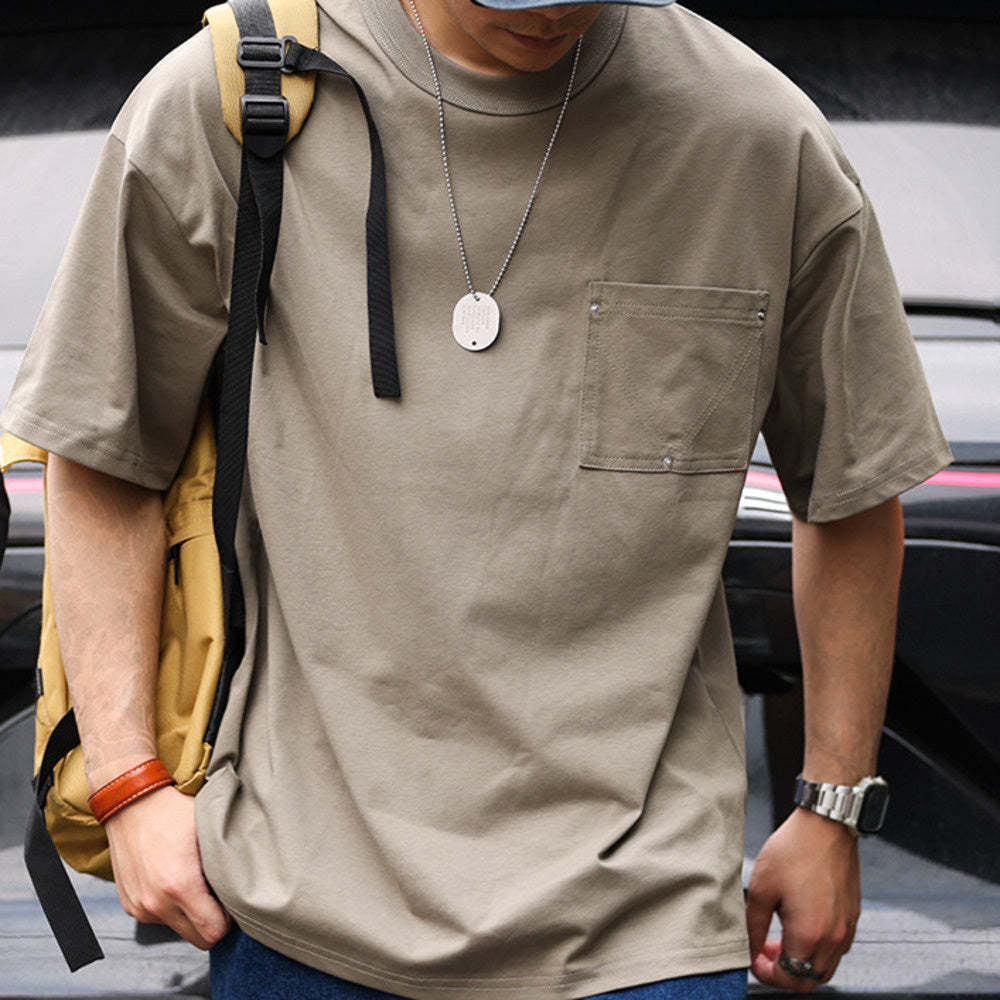 美式撞釘口袋Sorona冰感短袖T恤男寬鬆設計感cityboy圓領TEE-Retro's Wear