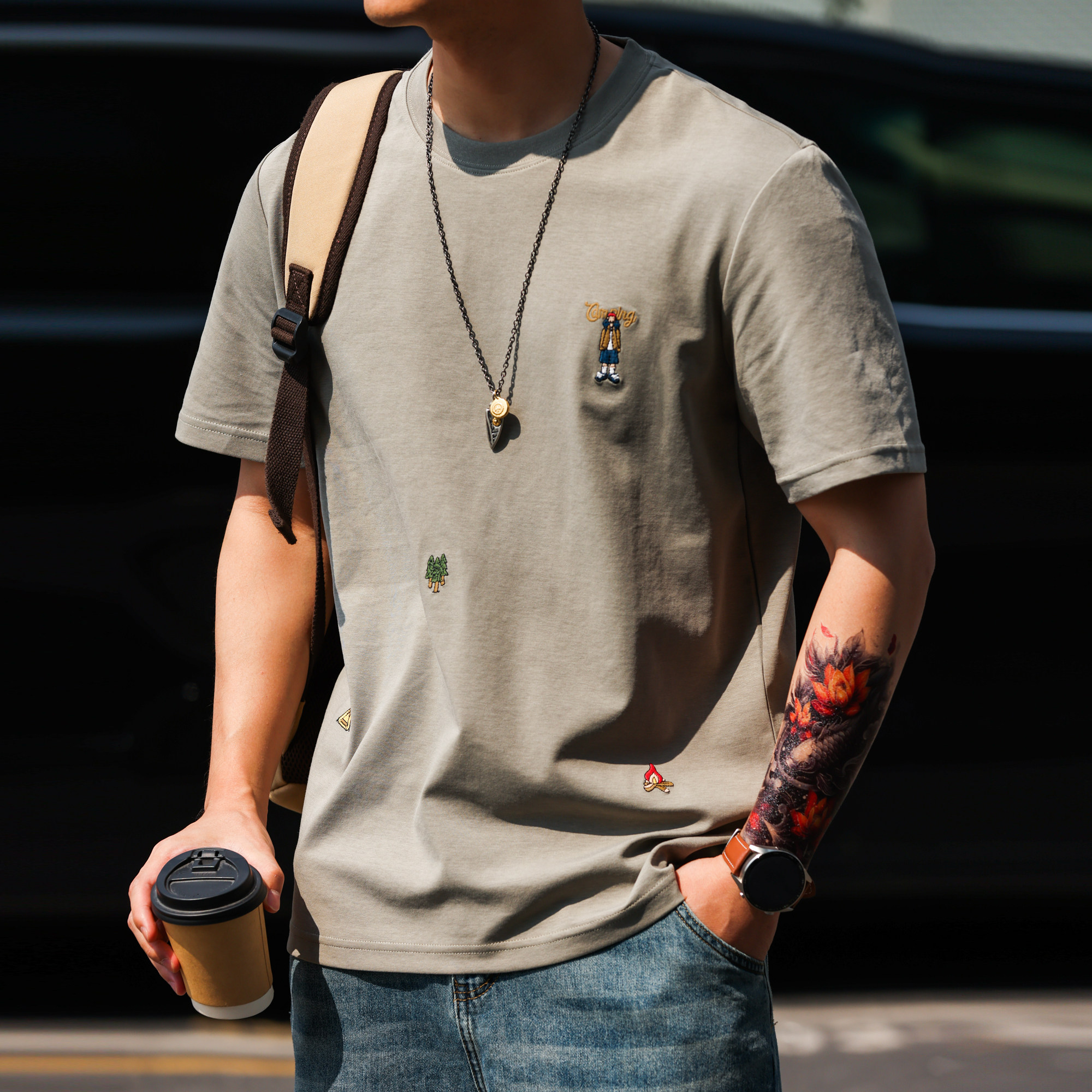 200g親膚凉感趣味刺繡短袖T恤男微落肩圓領質感打底衫夏