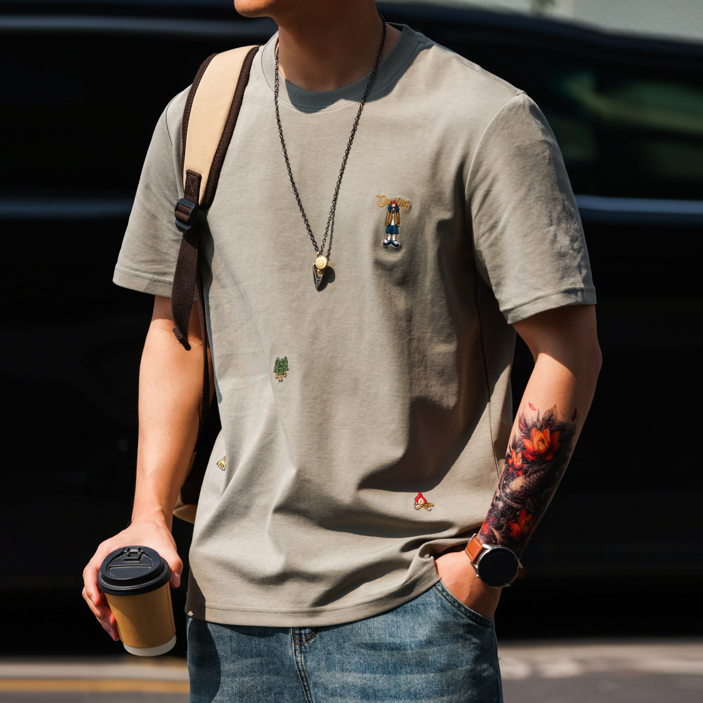 200g親膚凉感趣味刺繡短袖T恤男微落肩圓領質感打底衫夏