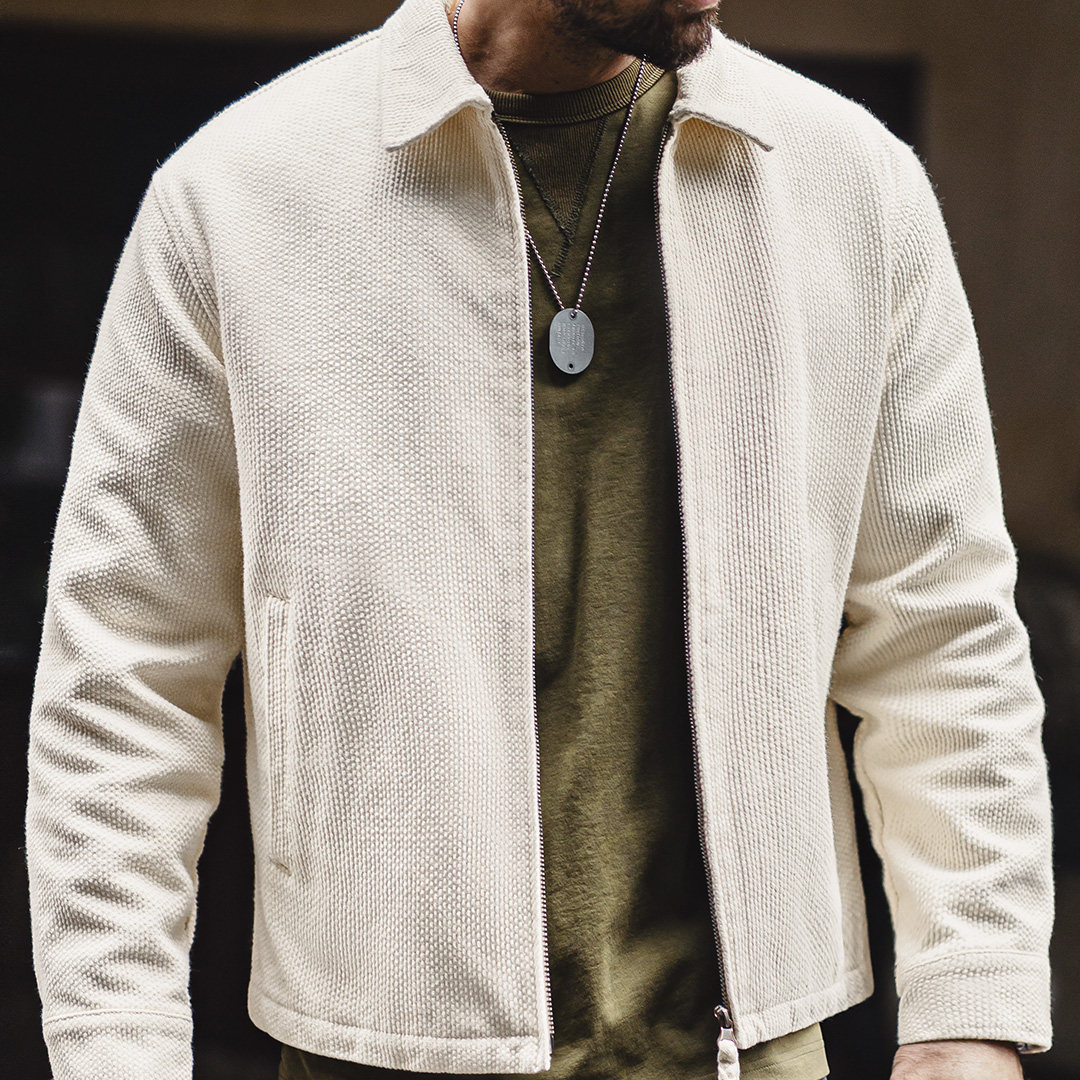 美式白色IKE教練夾克翻領重磅純棉正肩帆布短款外套男春