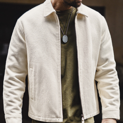 美式白色IKE教練夾克翻領重磅純棉正肩帆布短款外套男春