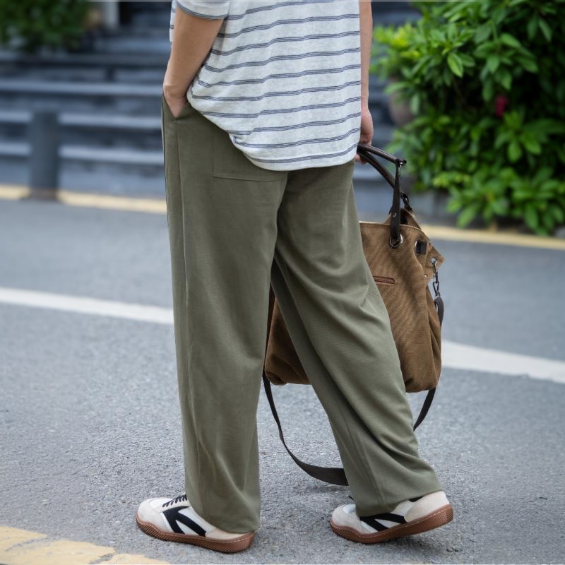 夏季男士休閒闊腿褲軍綠色薄款垂感速乾長褲