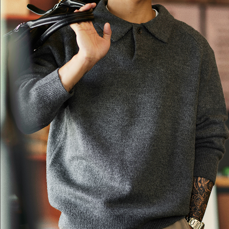 550g重磅翻領插肩袖毛衣男2025秋冬新款日常通勤保暖打底針織衫
