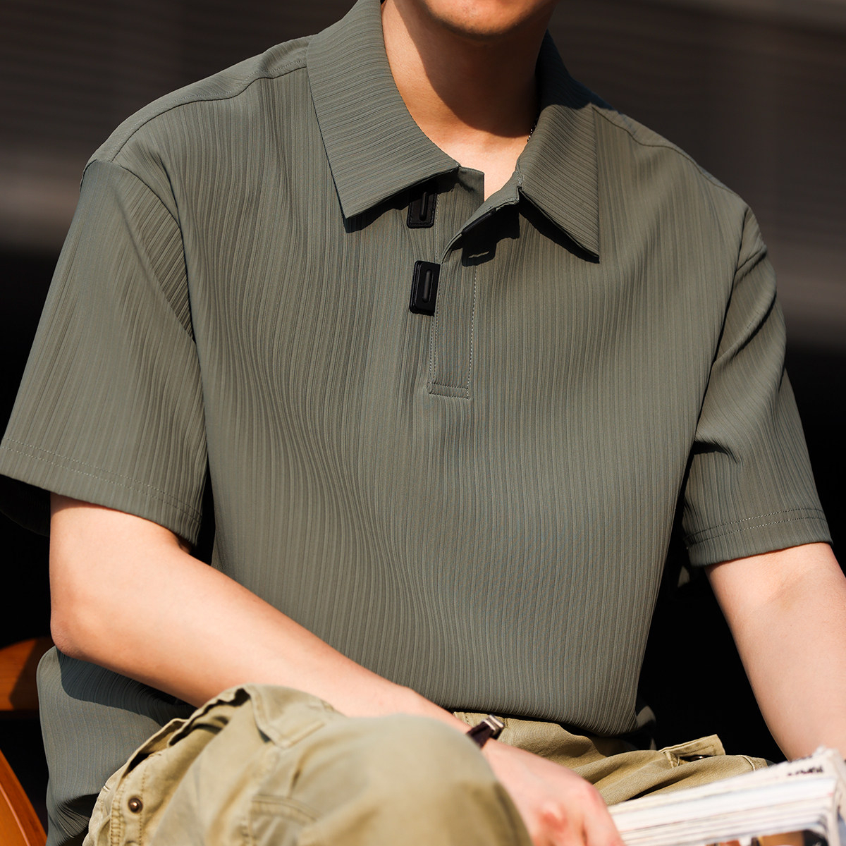 美式休閒凉感速幹POLO衫男寬鬆抗皺豎紋肌理翻領短袖T恤