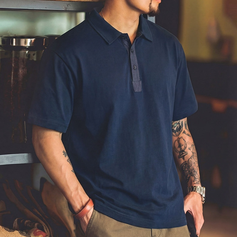 美式復古polo衫短袖男夏季新款寬鬆透氣藏青色上衣商務通勤體恤