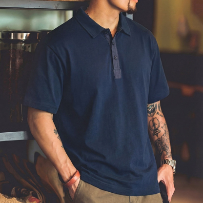 美式復古polo衫短袖男夏季新款寬鬆透氣藏青色上衣商務通勤體恤