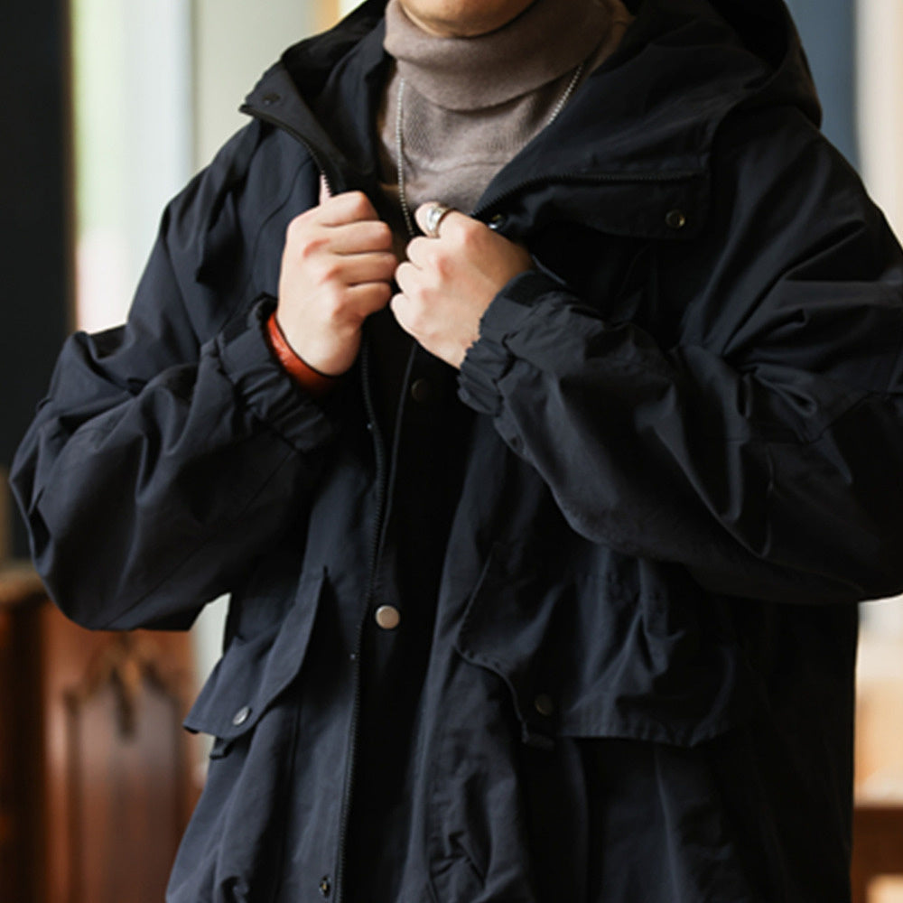 美式復古山系工裝夾克外套男寬鬆運動大口袋防風連帽衝鋒衣-Retro's Wear