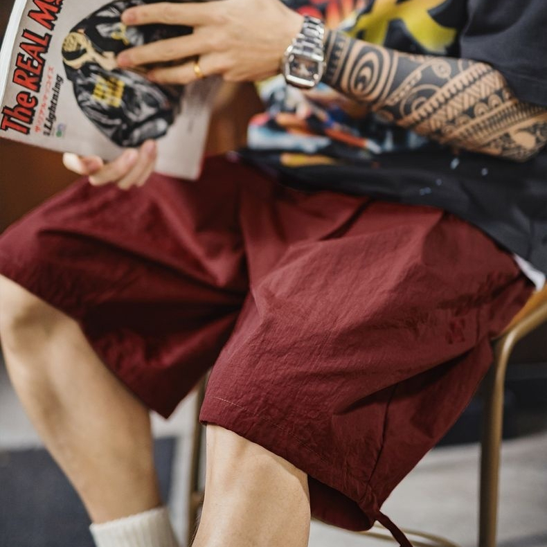 美式納瓦霍刺繡短褲寬鬆紅色肌理感沙灘薄款五分褲男夏季