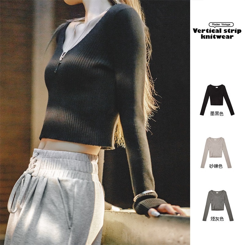 馬登女裝美式復古針織衫純棉內搭V領打底秋冬短款純色修身女上衣-Retro's Wear