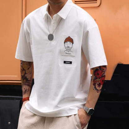 日系納瓦霍重工刺繡半袖POLO衫男夏季寬鬆休閒翻領短袖T恤