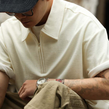 美式休閒半拉鍊翻領POLO衫男260g重磅肌理感寬鬆短袖T恤