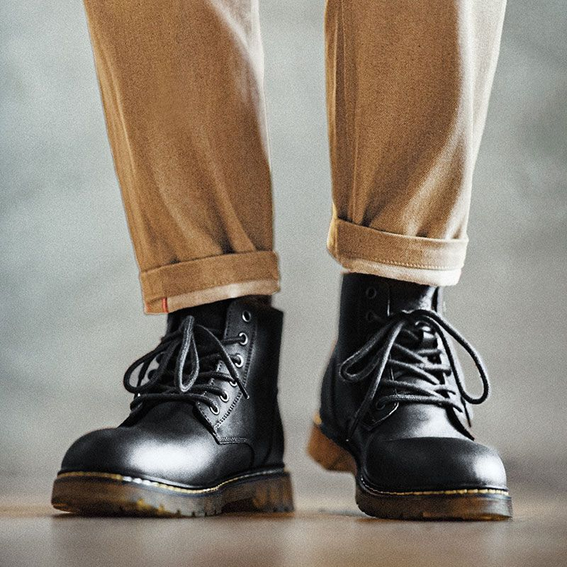 (軟皮)馬丁靴男中幫加絨雪地靴子黑色高幫棉鞋休閒軟皮工裝