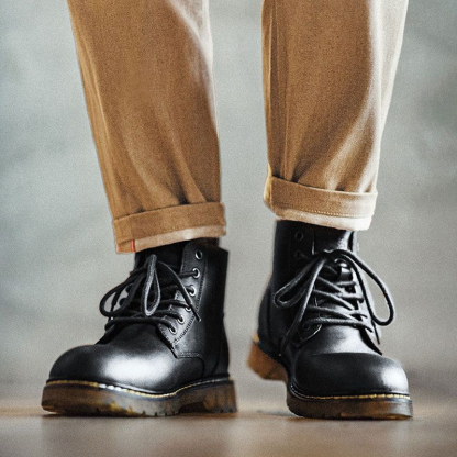 (軟皮)馬丁靴男中幫加絨雪地靴子黑色高幫棉鞋休閒軟皮工裝