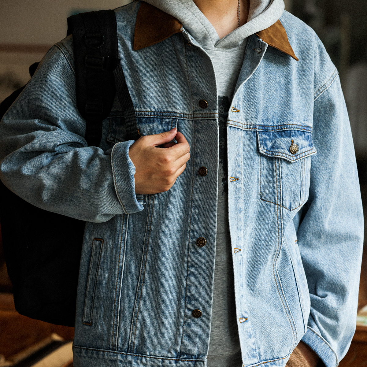 巴恩風麂皮絨翻領牛仔夾克男美式復古做舊vintage外套