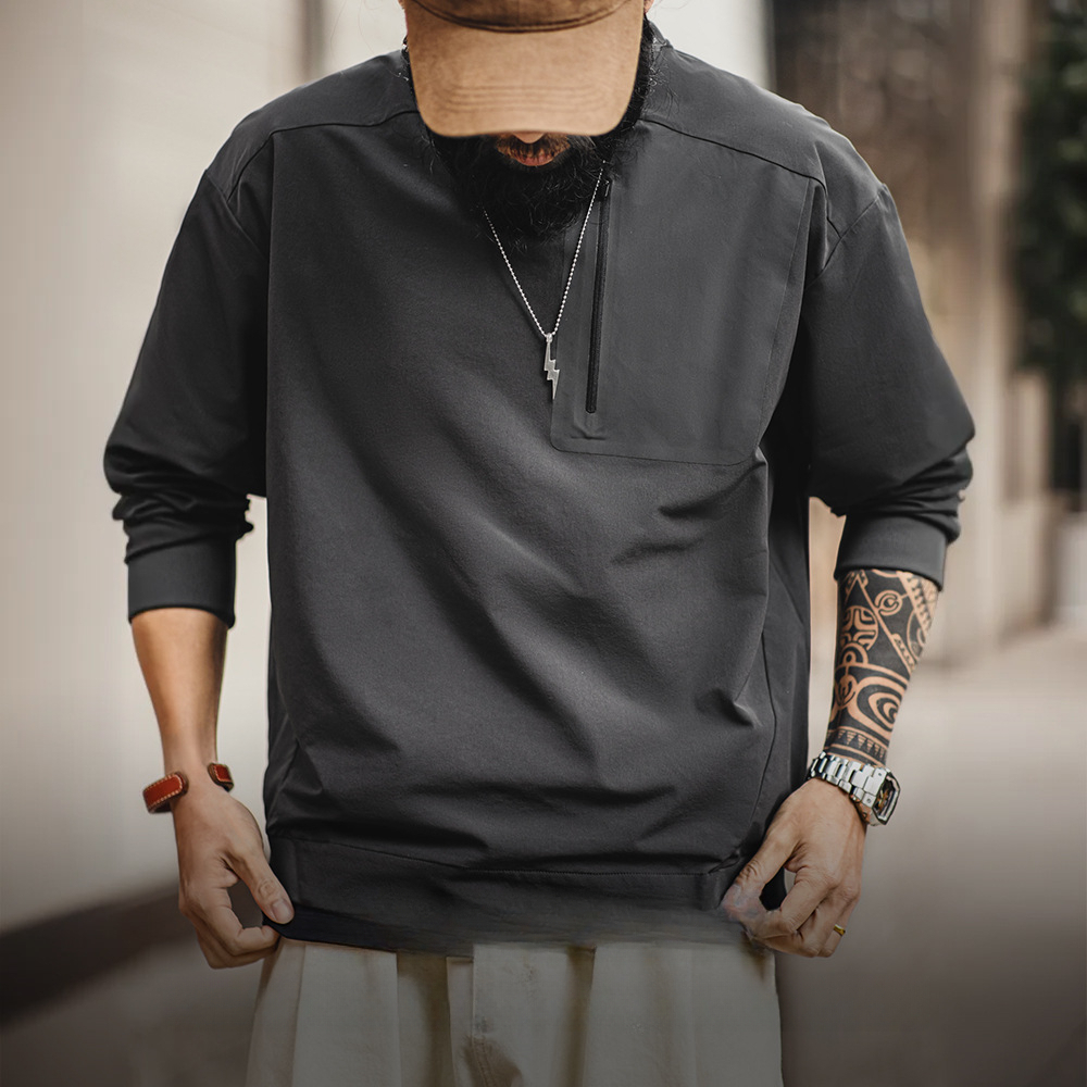 美式復古戶外機能風運動長袖圓領梭織落肩袖寬鬆衛衣男春