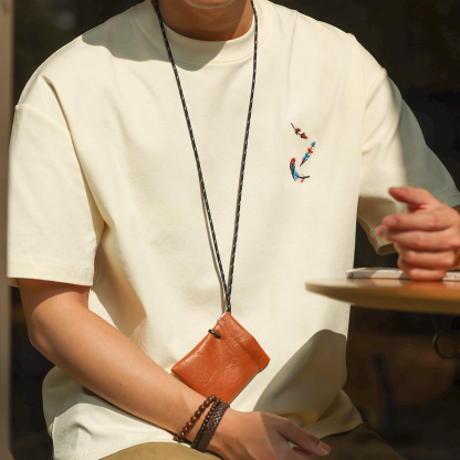 安可拉紅220g羽毛刺繡短袖T恤男美式休閒簡約圓領打底衫