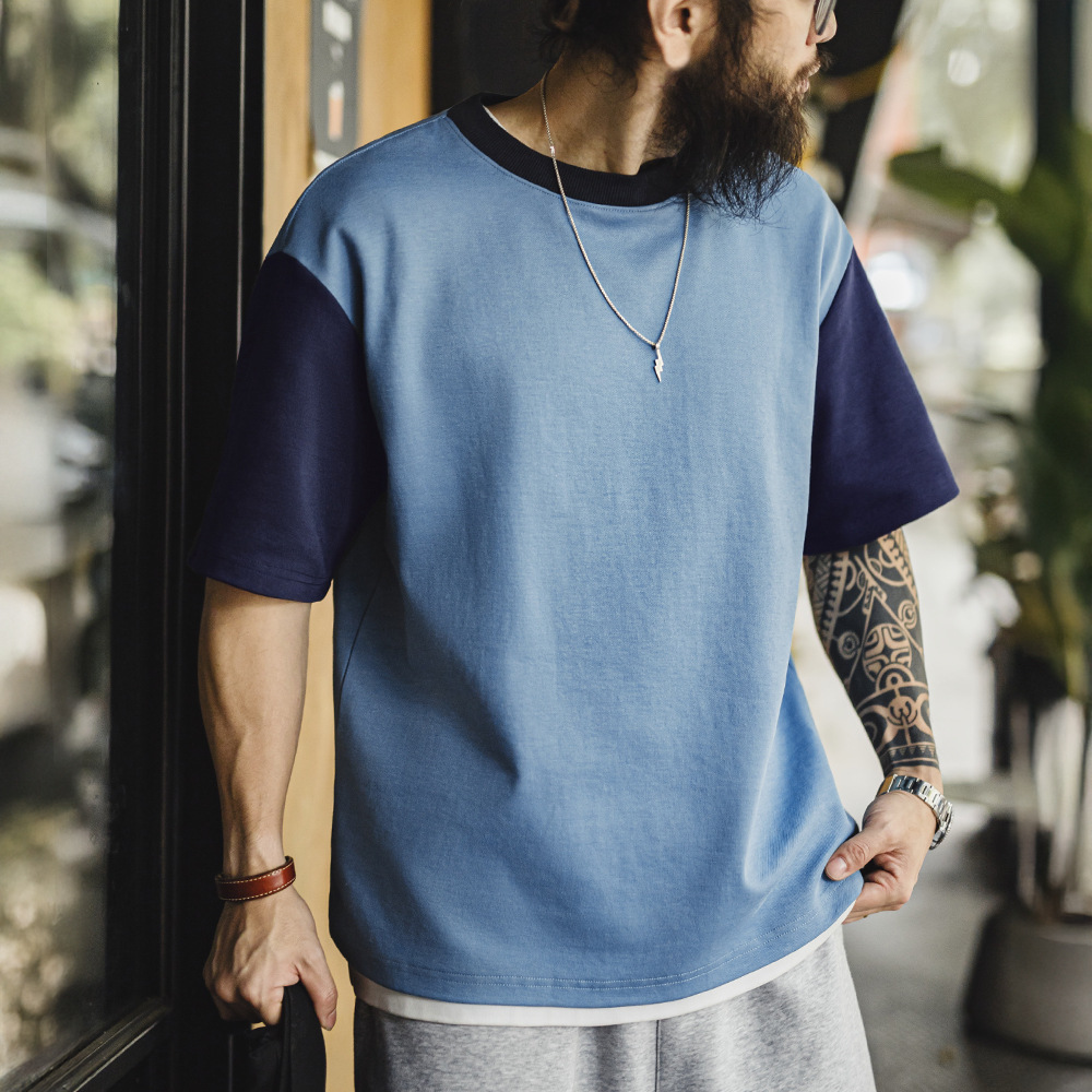 美式復古拼色T恤螺紋領口落肩袖寬鬆空氣層撞色短袖男夏