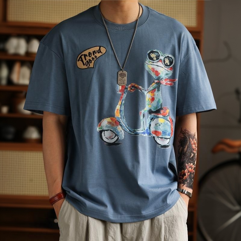 騎行青蛙趣味刺繡印花短袖T恤男美式休閒寬鬆圓領TEE夏