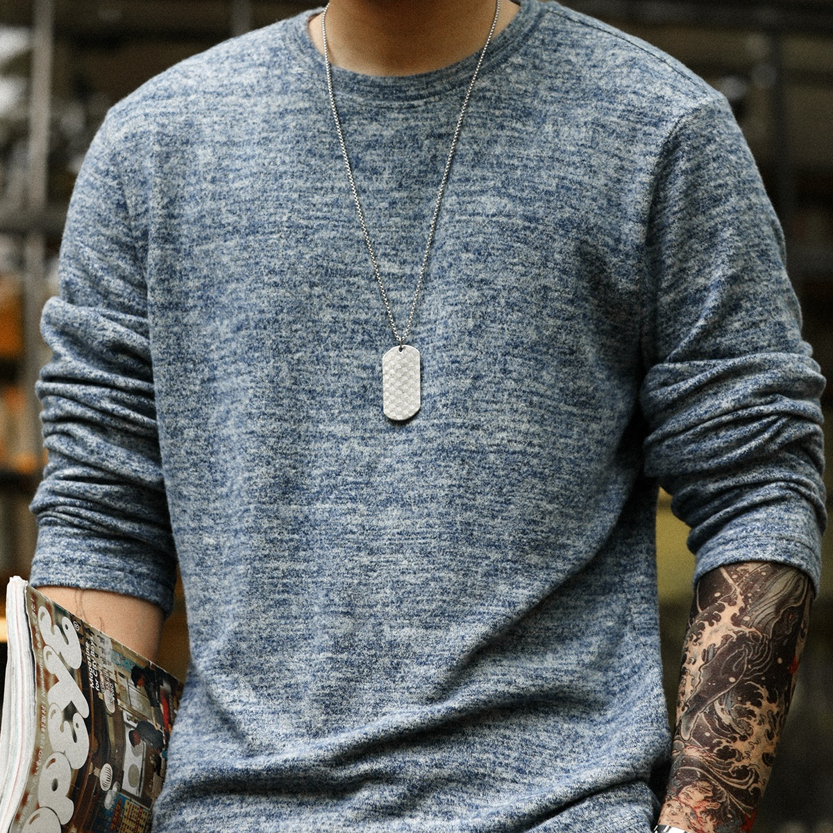 彈性軟糯垂感花紗長袖T恤男美式高級感250g休閒打底衫秋