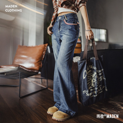 美式復古寬腰頭水洗丹寧直筒不貼腿微彈喇叭馬蹄牛仔褲女士秋