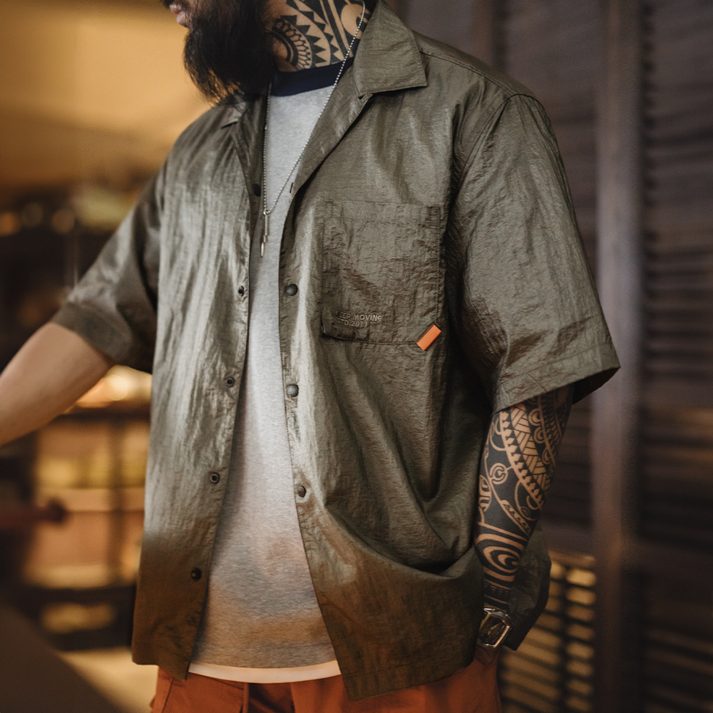 美式復古山系戶外古巴領襯衫肌理感輕薄短袖襯衣男款夏