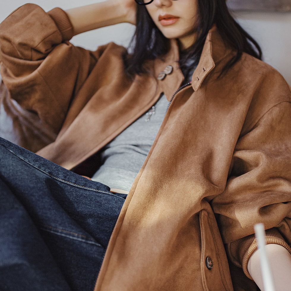 美拉德復古麂皮絨面寬鬆肌理感外套立領哈靈頓夾克女士秋