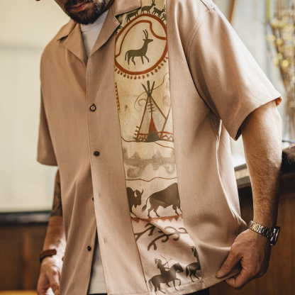 美式復古印花古巴領襯衫印第安薄款短袖棉襯衣外套男士夏