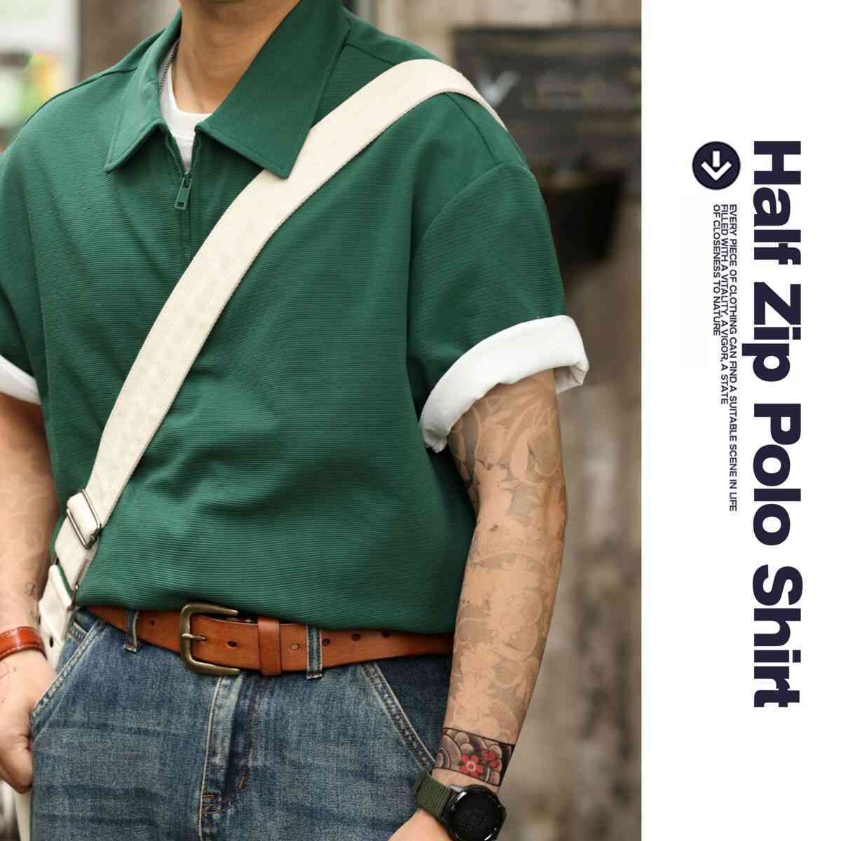 美式休閒半拉鍊翻領POLO衫男260g重磅肌理感寬鬆短袖T恤