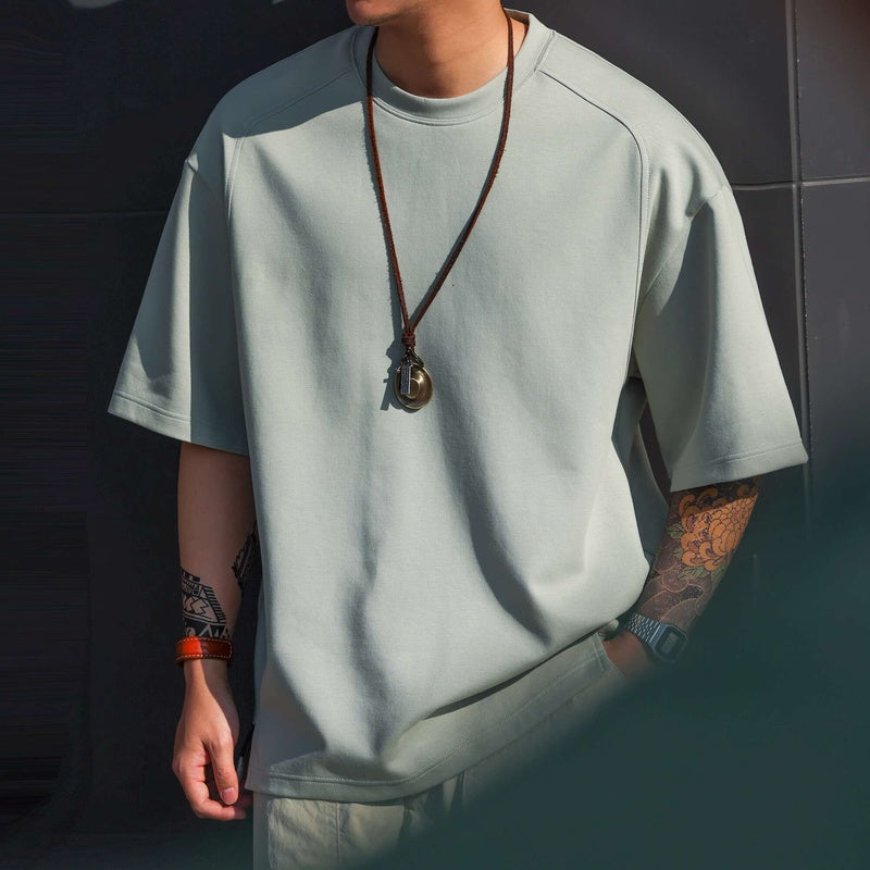 美式休閒230g太空棉短袖T恤男運動拼接開衩薄荷綠色TEE