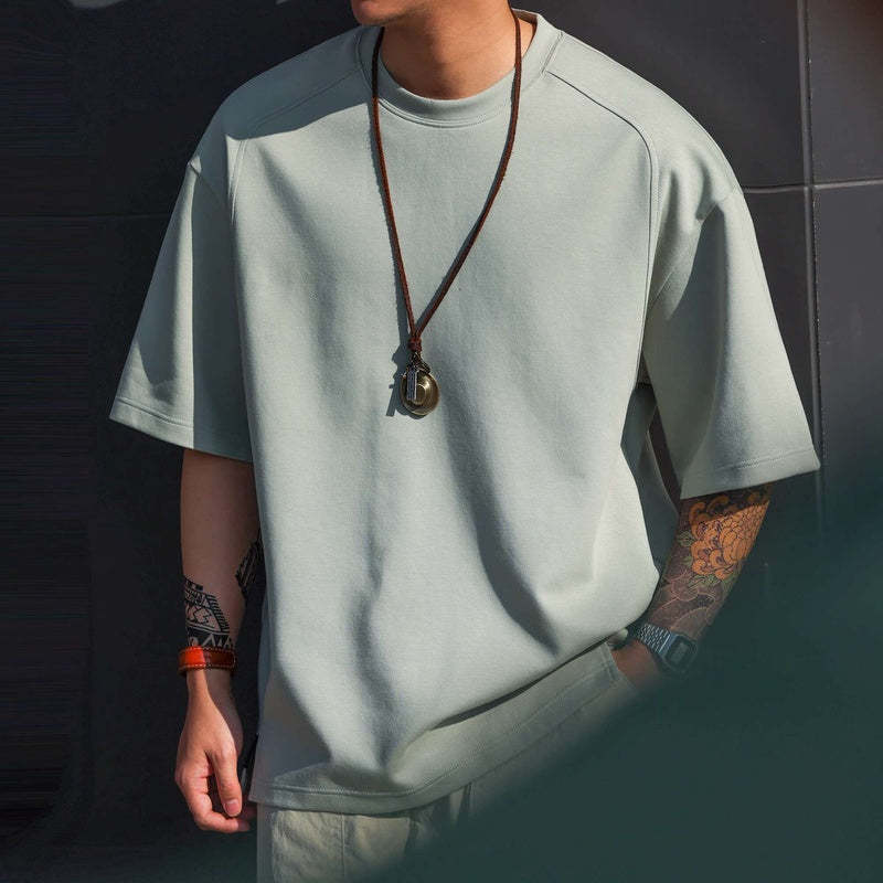 美式休閒230g太空棉短袖T恤男運動拼接開衩薄荷綠色TEE