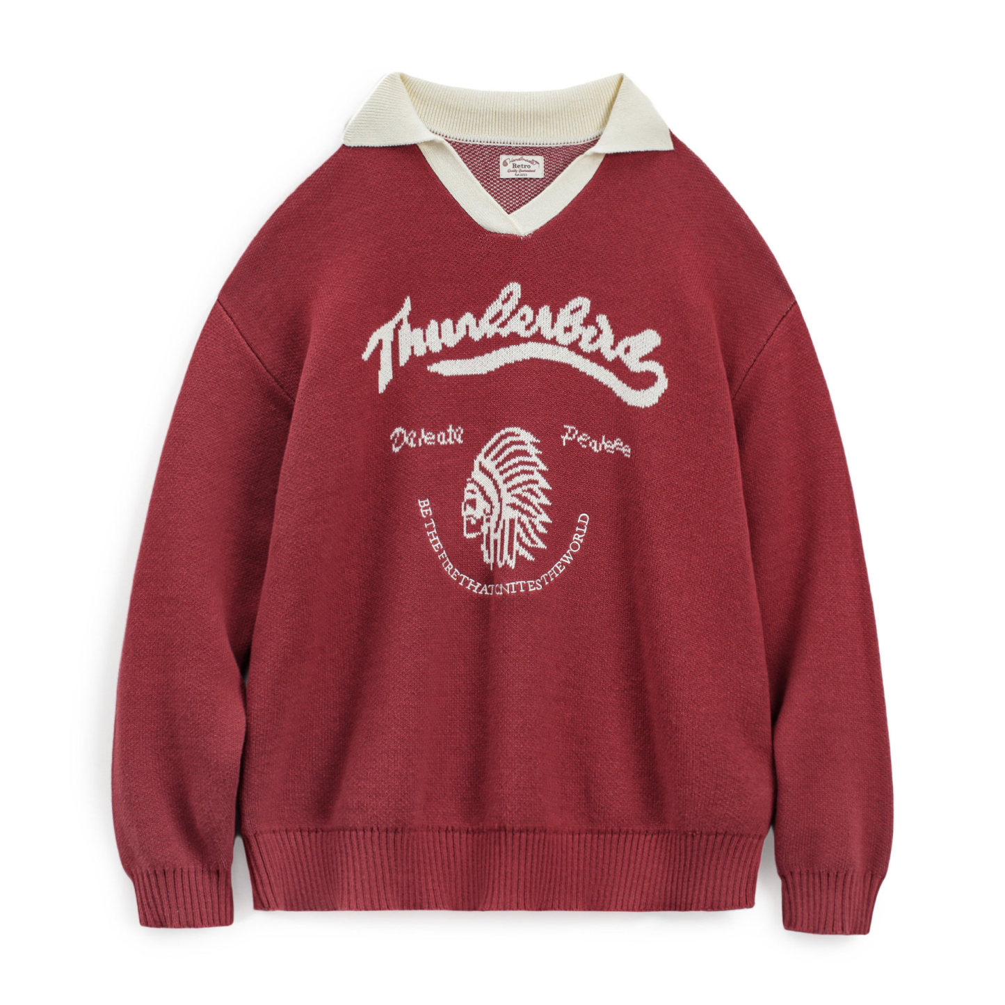 復古酒紅撞色V翻領寬鬆套頭提花保暖加厚毛衣針織衫上衣女冬