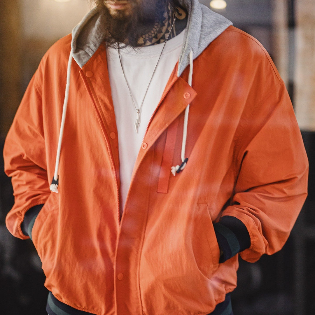 美式復古拼接撞色連帽夾克短薄款開衫橙色休閒外套男春季