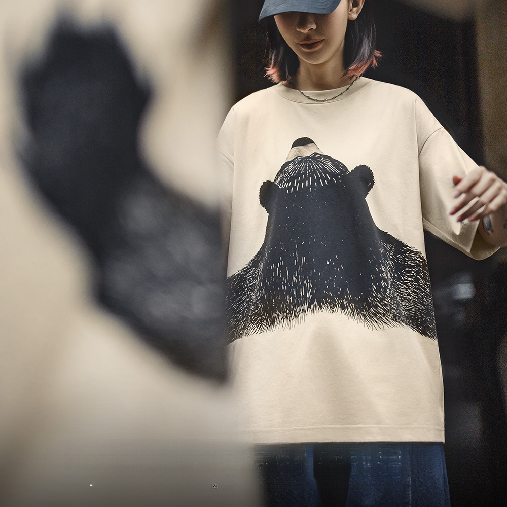 oversize慵懶小熊插畫圓領T恤日系小眾設計顯瘦落肩短袖夏女