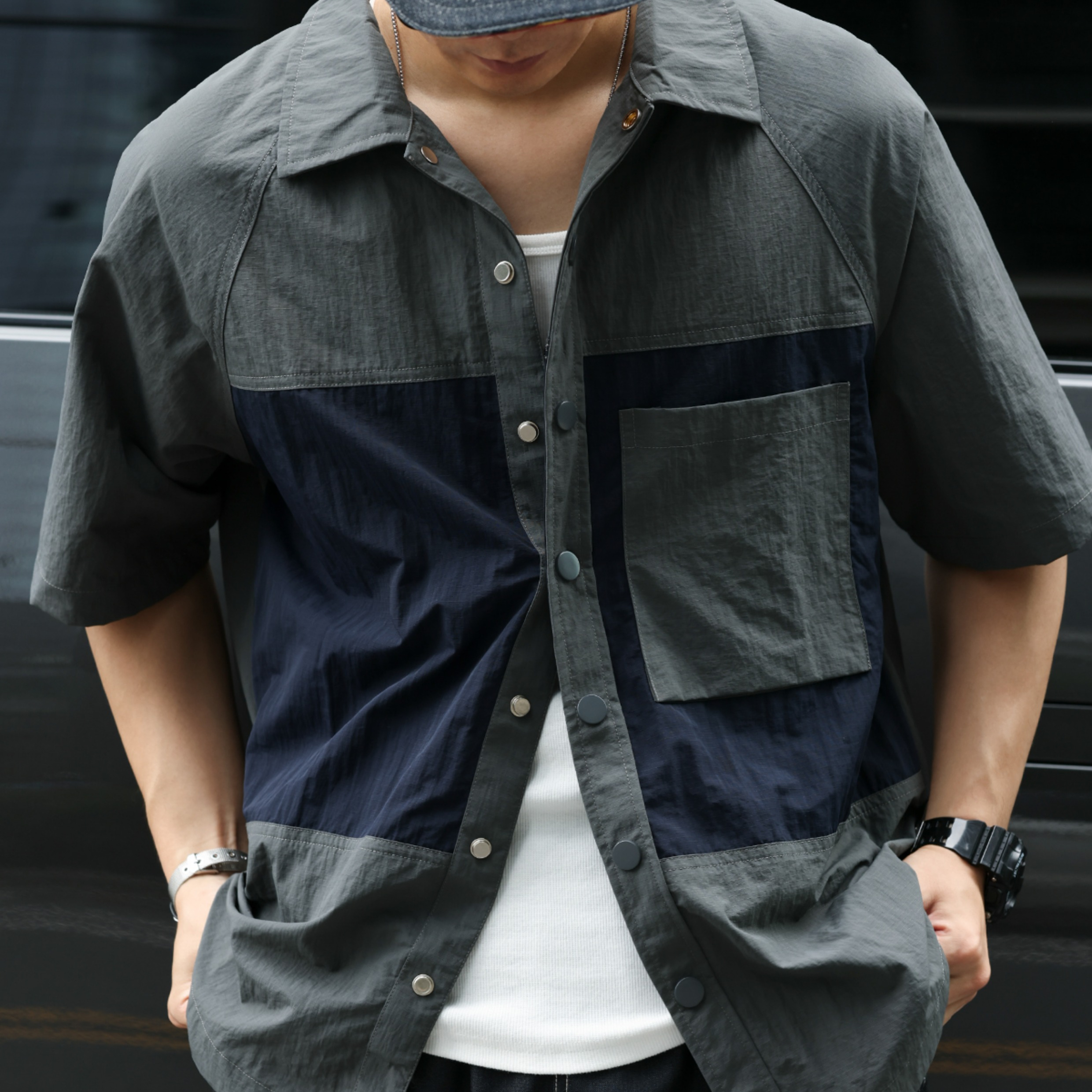 美式復古微褶肌理短袖襯衣男140g撞色拼接口袋疊穿襯衫