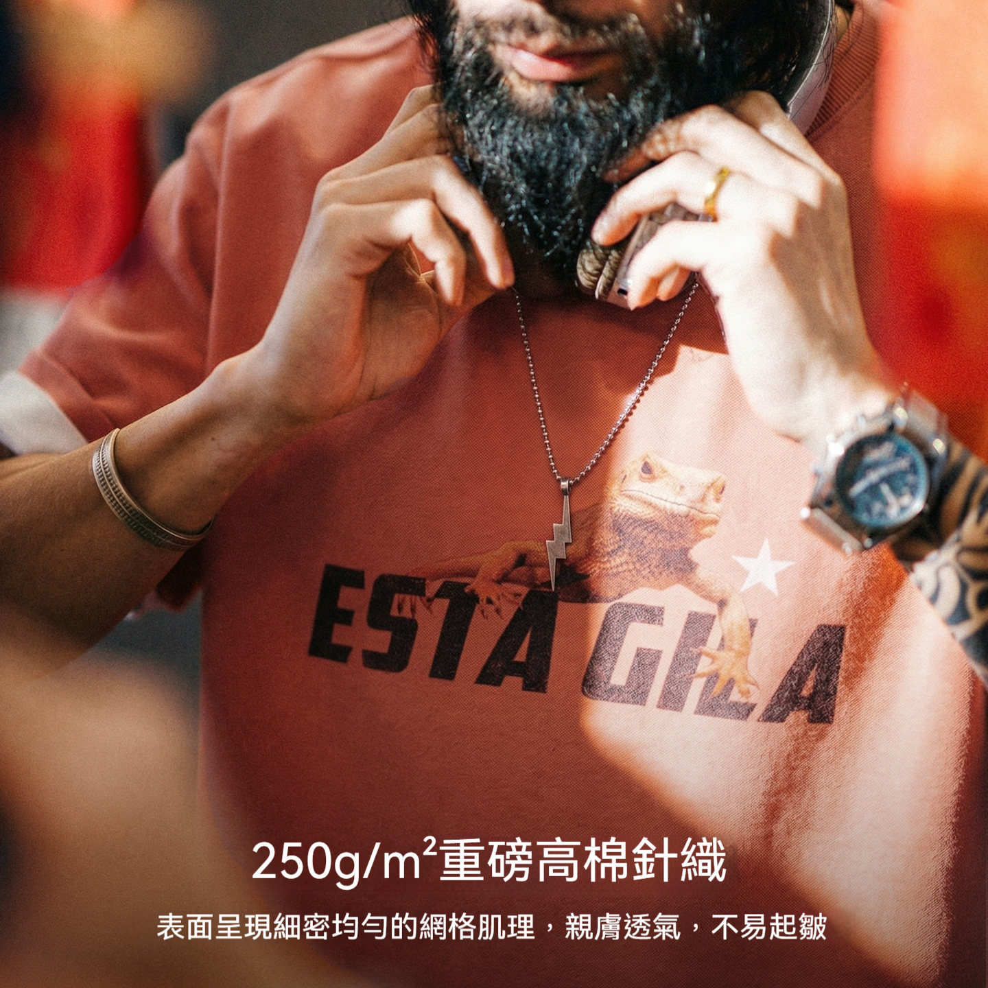 美式复古印花短袖圓領落肩落日橘紅色男款針織T恤夏季