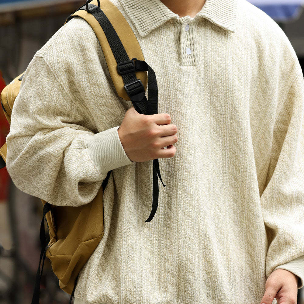 織條肌理鬆弛感翻領衛衣男美式休閒學院風寬鬆長袖POLO上衣-Retro's Wear