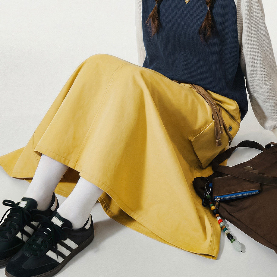 美式復古鬆緊腰抽繩大裙擺半身長裙工裝A字傘裙子女士春