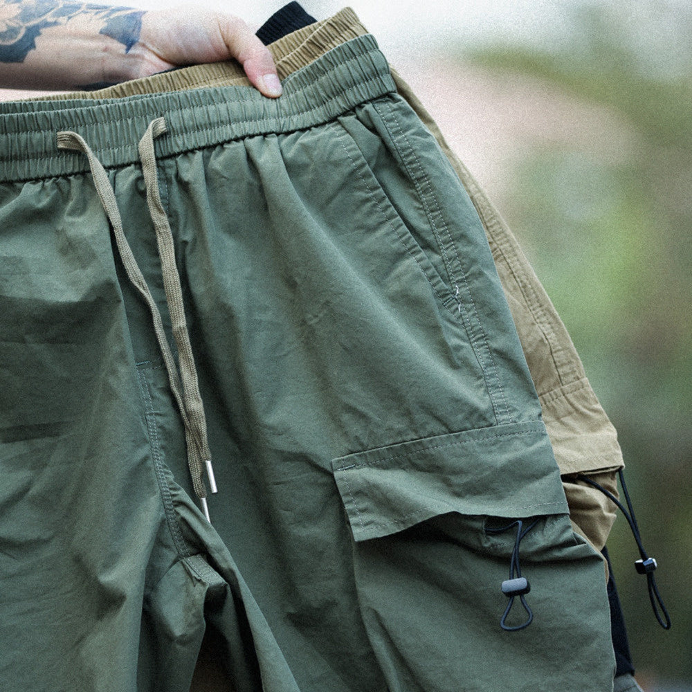美式復古山地工裝短褲男寬鬆運動薄款純棉抽繩休閒五分褲-Retro's Wear