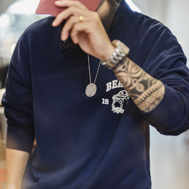 美式復古立體刺繡半開襟衛衣休閒翻領套頭polo衫上衣男春