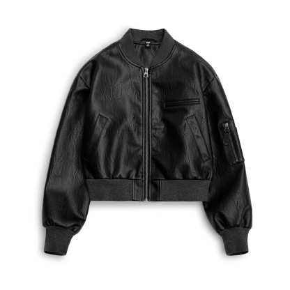 美式黑色飛行員棒球圓領短款版機車pu軟小皮衣夾克外套女士秋