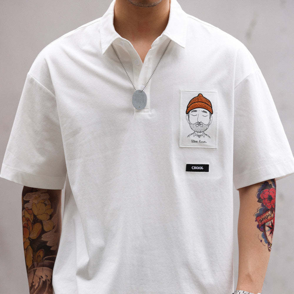 日系納瓦霍重工刺繡半袖POLO衫男夏季寬鬆休閒翻領短袖T恤