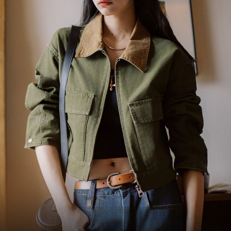 巴恩風撞色帆布獵裝夾克美式工裝外套全棉復古翻領上衣春季女